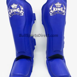 Front of blue pro Muay Thai shin pads semi leather