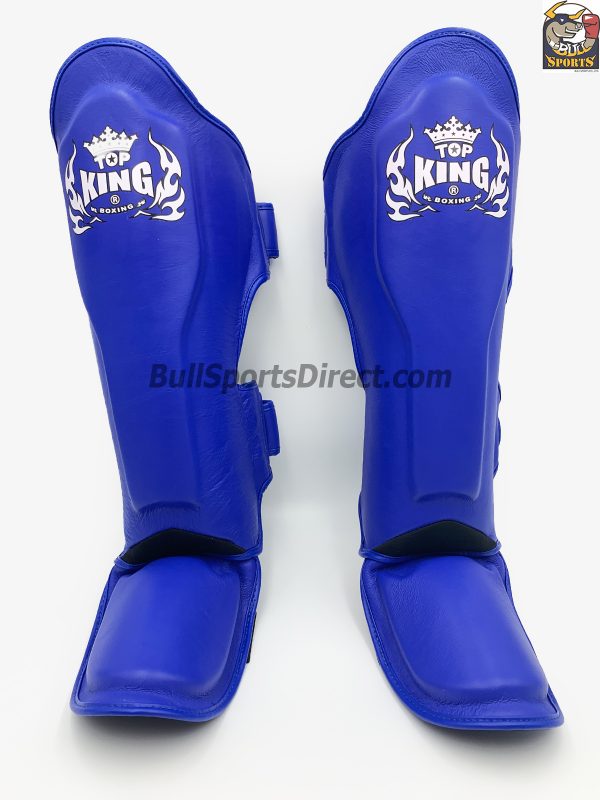 Front of blue pro Muay Thai shin pads semi leather