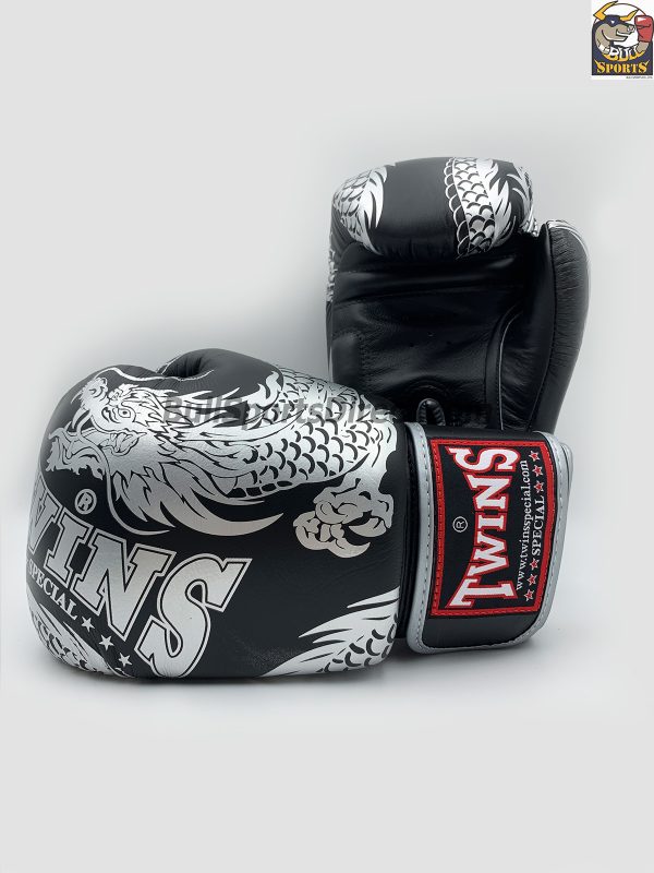 Twins Boxing Gloves-FBGV-49 Silver Black Flying Dragon