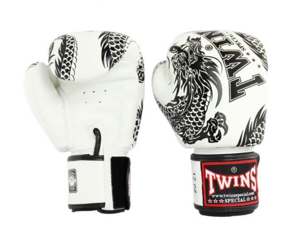 Twins Special Muay Thai Boxing Gloves FBGV-49 White Black Dragon Flying