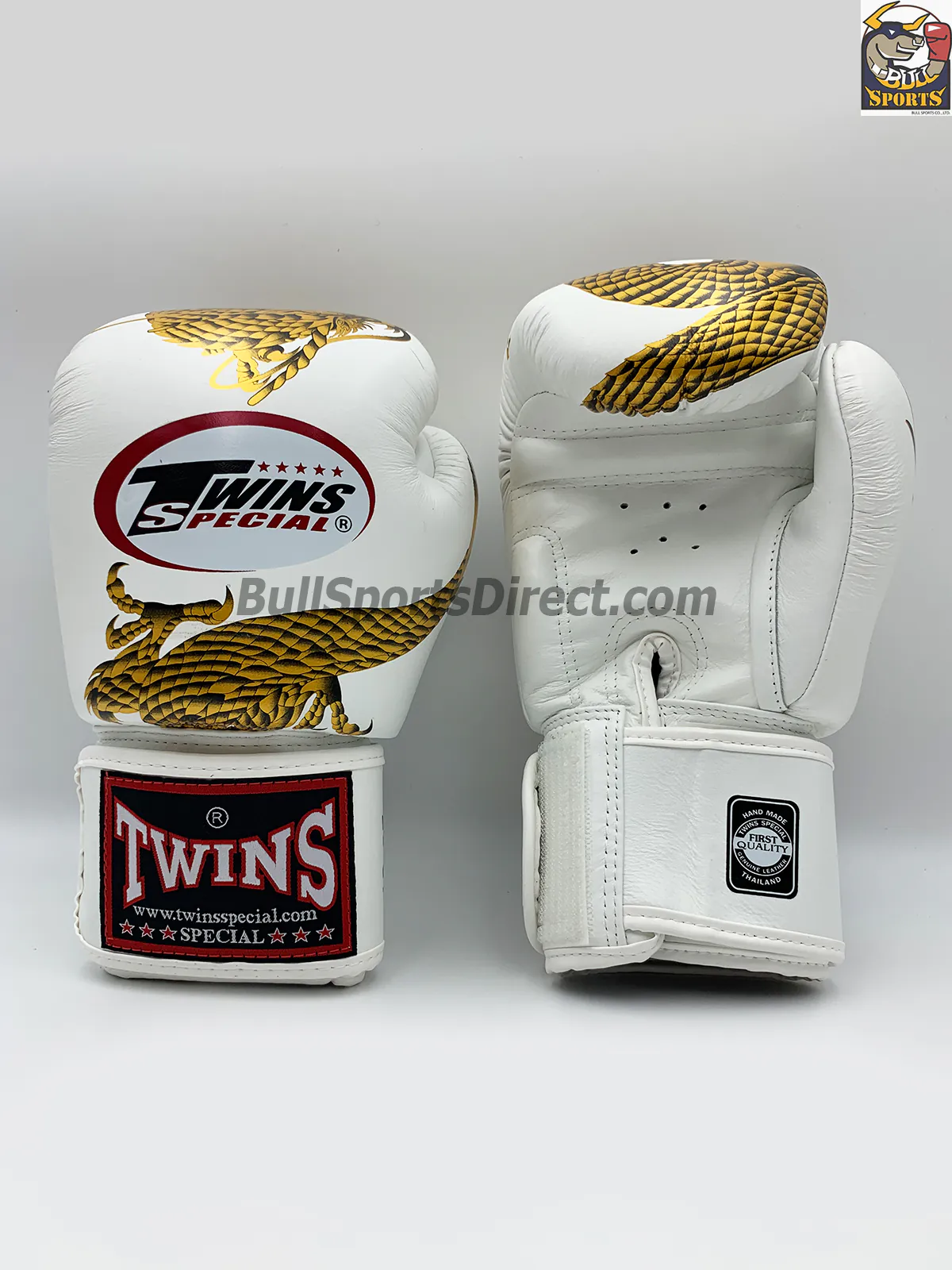 Twins Boxing Gloves-FBGV-23 White-Gold (3) Twins FBGV-23-Dragon Body White Gold