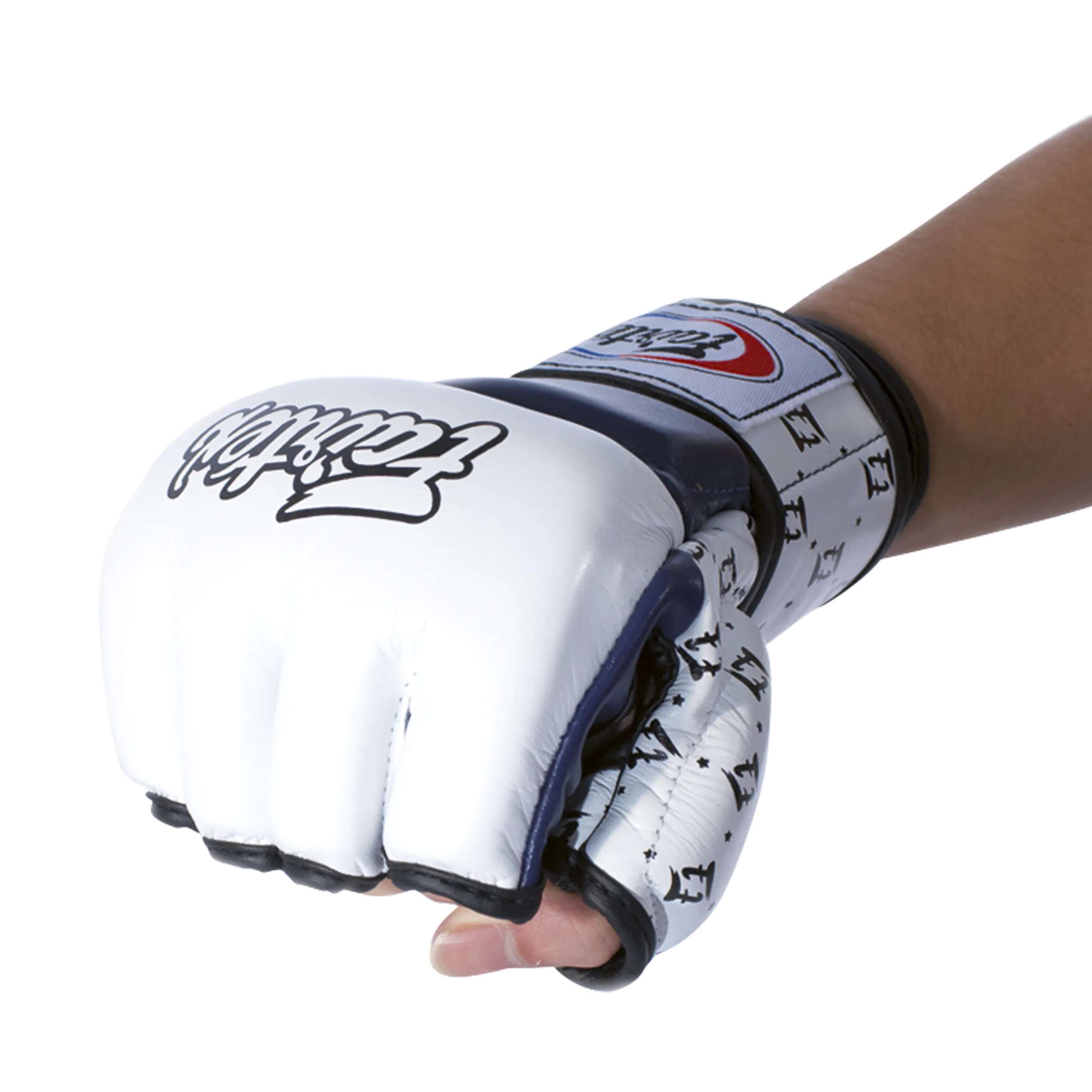 FAIRTEX MMA WHITE BLUE SPARRING GLOVES WITH DOUBLE WRIST WRAP CLOSURE - FGV17 Fairtex FGV17 Double Wrist Wrap Closure MMA Sparring Gloves - White Blue Color