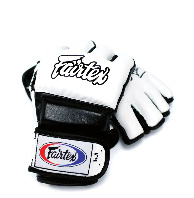 FAIRTEX FGV17 MMA SPARRING GLOVES WITH DOUBLE WRIST WRAP CLOSURE - WHITE BLACK Fairtex FGV17 Double Wrist Wrap Closure MMA Sparring Gloves - White Black Color