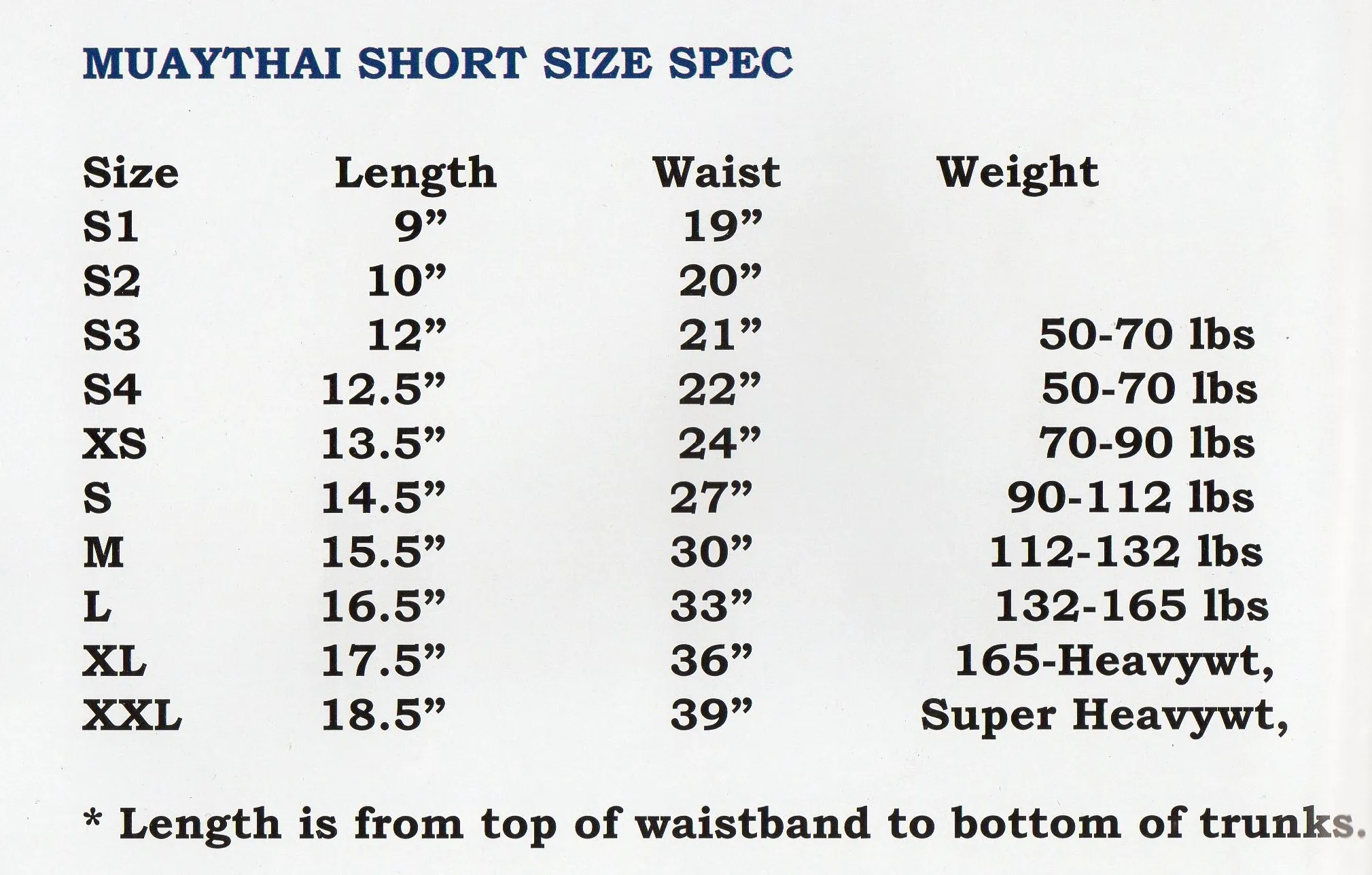 Fairtex Muay Thai Shorts-Size Chart Fairtex Muay Thai Short Size SPEC