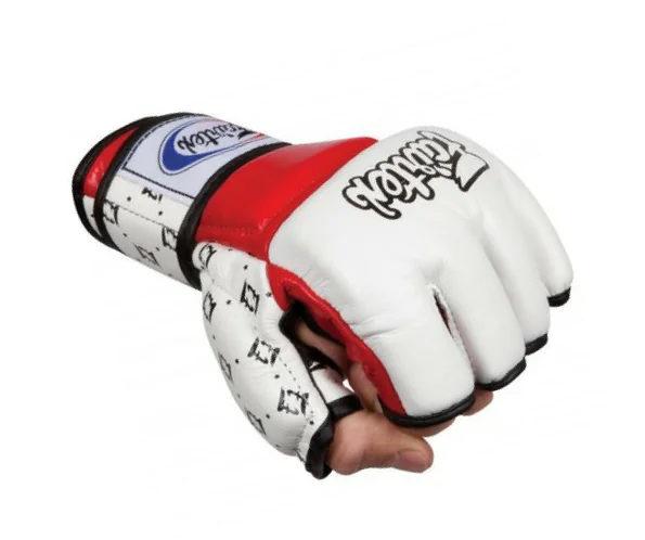 FAIRTEX MMA WHITE RED SPARRING GLOVES WITH DOUBLE WRIST WRAP CLOSURE-FGV17 Fairtex FGV17 Double Wrist Wrap Closure MMA Sparring Gloves - White Red Color
