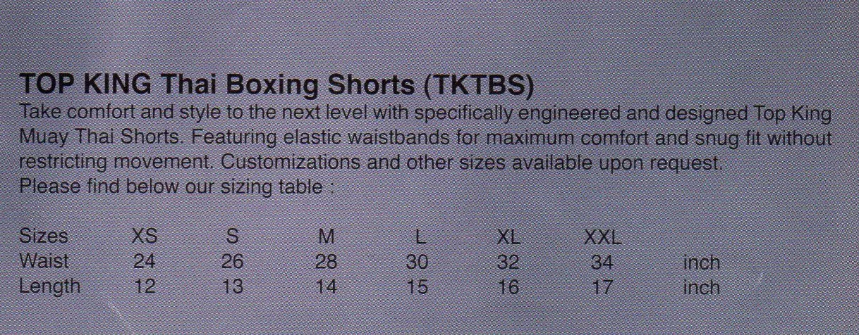 Top King Thai Boxing Shorts Chart Size Top King Muay Thai Shorts-Chart Size